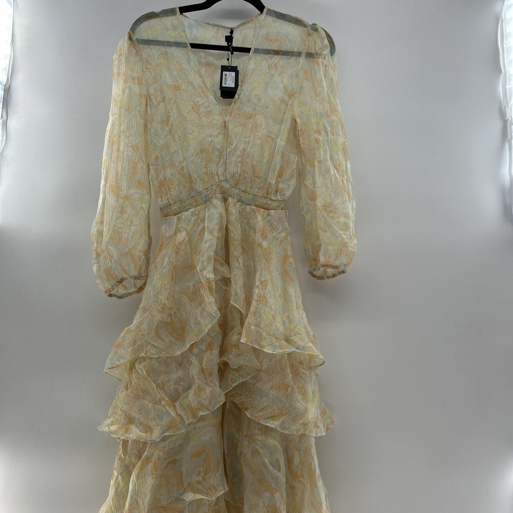 NWT Maje Rufflino Dress 10 EU 40 Shimmer Silk Blend Ruffle Tiered Midi Lg Sleeve